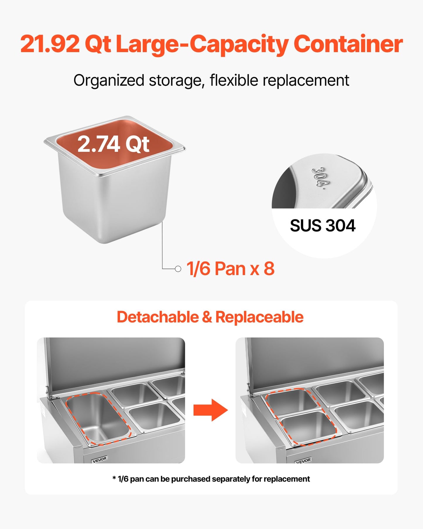 VEVOR Refrigerated Condiment Prep Station, 150 W Countertop Refrigerated Condiment Station, with Eight 1/6 Pans, 304 Stainless Body and PC Lid, Sandwich Prep Table, for Restaurant & Food Stall