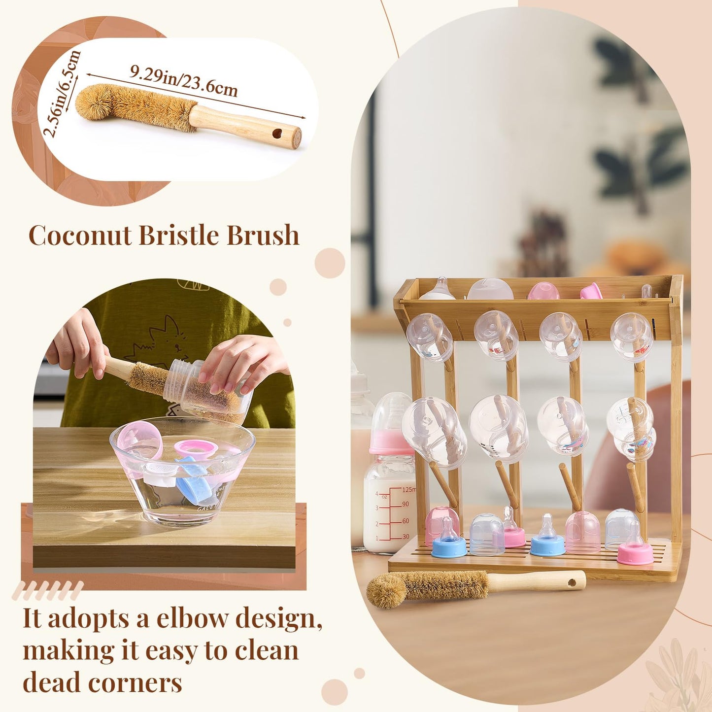 Geelin Bamboo Baby Bottle Drying Rack for 12 Bottles Large Vertical Baby Bottle Dryer Holder with Wooden Clean Brush Coconut Fibre Brush for Saving Space Busy Parents Quick Drying Easy Cleanup Storage