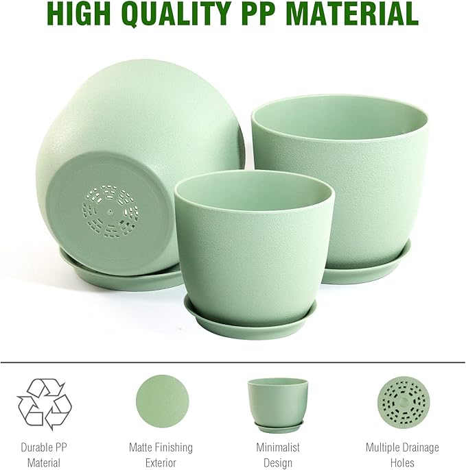 Large Plant Pots 12/10/9 inch, Set of 3 Modern Decorative Plastic Planters with Drainage Holes and Saucers, Flower Pots for Indoor Outdoor Plants, Green