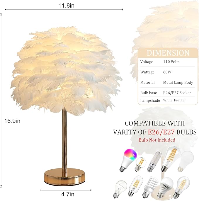 ZYLEIESENBAO Chic White Feather Lamp Creative Feather Bedside Lamp Cute Furry Nightstand Light Gold Stand Fluffy Table Lamp Atmosphere for Girl Bedroom Living Room Entry Hotel Wedding Gift