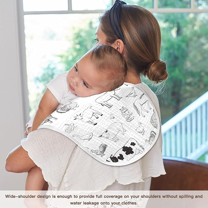 Muslin Baby Burp Cloths Set of 4, Soft Absorbent Farm Animals Muslin Washcloths, Bibs, Face Towel for Newborn Boys Girls, 22 x 11 Inch