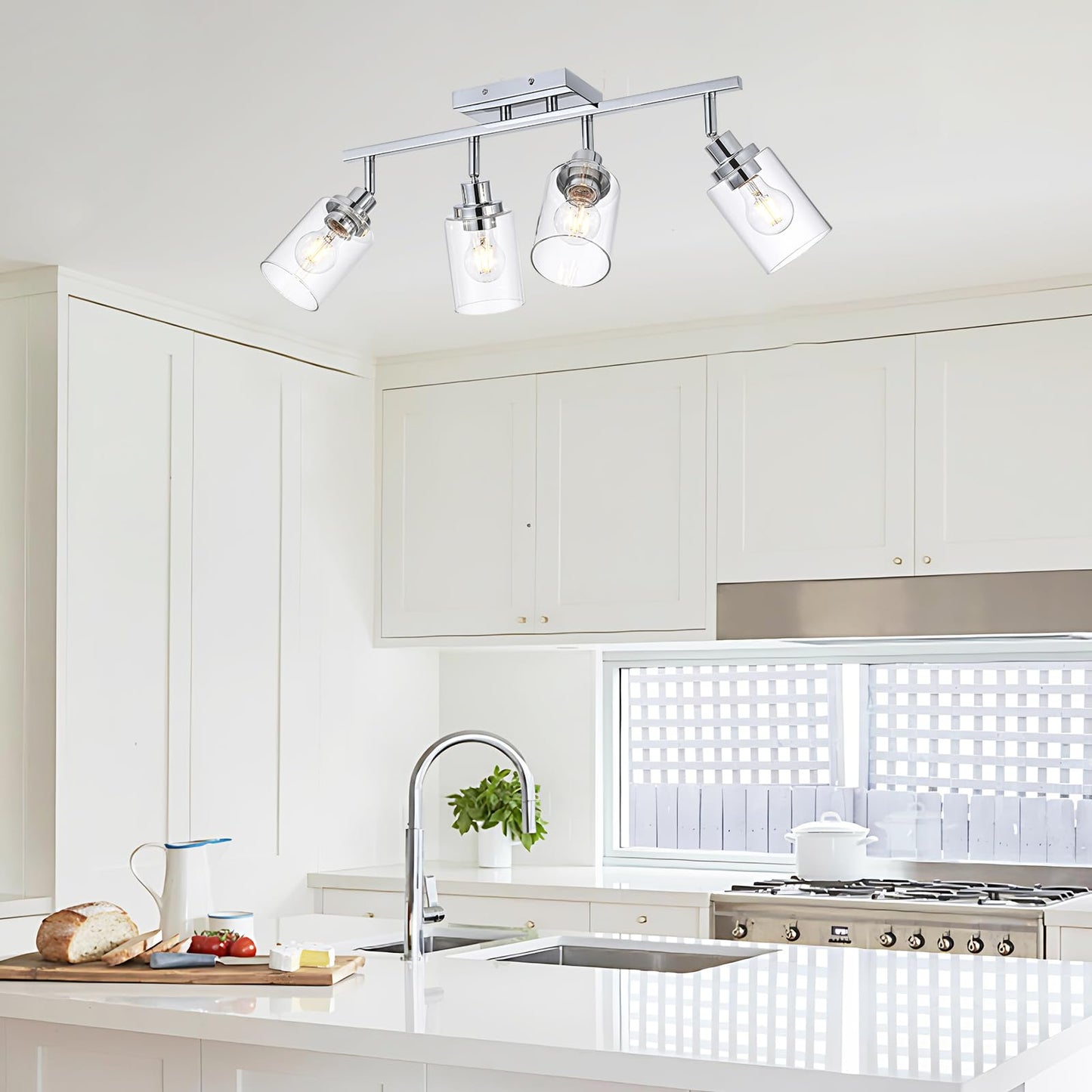 Wanluce 4-Light Track Lighting Kit Ceiling Kitchen Track Lighting Fixtures Chrome Bathroom Vanity Wall Lights With Clear Glass Multi-Directional Rotating Tracking Light Heads Spotlight For Accent Shop