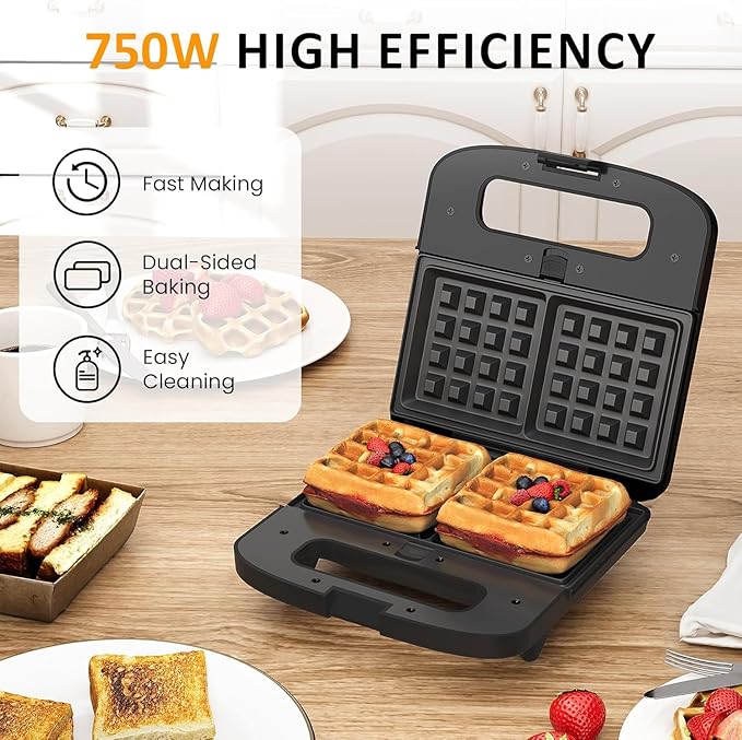 Sunvivi Waffle Iron, Panini Press Grill and Sandwich Maker Set, 3 in 1 Electric Sandwich Press with Removable Non-Stick Plates, Indicator Lights & Cool Touch Handle 750W