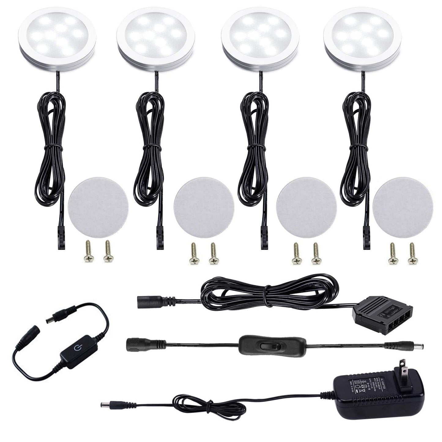 AIBOO Under Cabinet LED Puck Lights Kit, Touch Dimming Switch, 4 Lights, 6000K Daylight White, Model touch4-cw