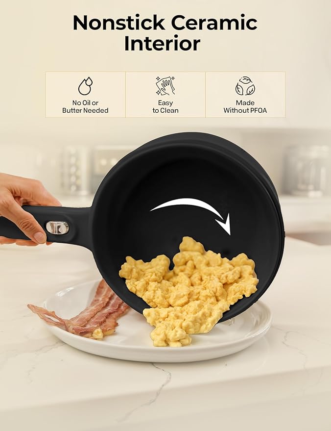 PRO Electric Hot Pot with Lid and Steamer, 1.5L Non Toxic Ceramic Cooker Skillet for Ramen, Eggs, Pasta Portable and Compact for Dorms, Camping, RVs, Work, Adjustable Temperature