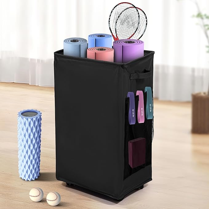 Wymulot Yoga Mat Storage Racks, Home Gym Storage Rack with Wheels, Yoga Mat Holder Side 2 Mesh Pockets, Yoga Storage Baske...