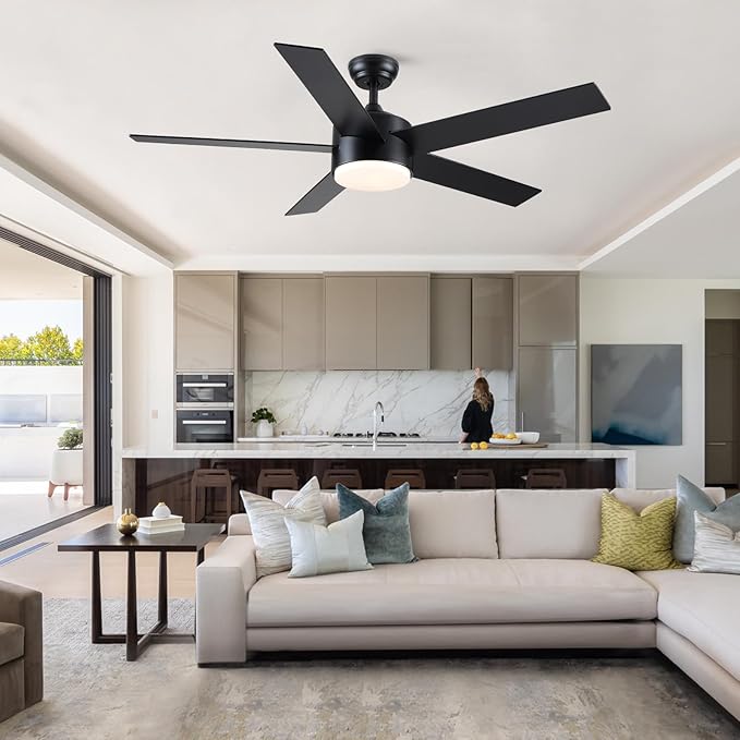 52 inch Black Ceiling Fans with Lights and Remote Control, LED Ceiling Fan Dimmable 3-Color Temperatures 6-Speed, Quiet Modern Ceiling Fan for Bedroom, Living Room, Dining Room