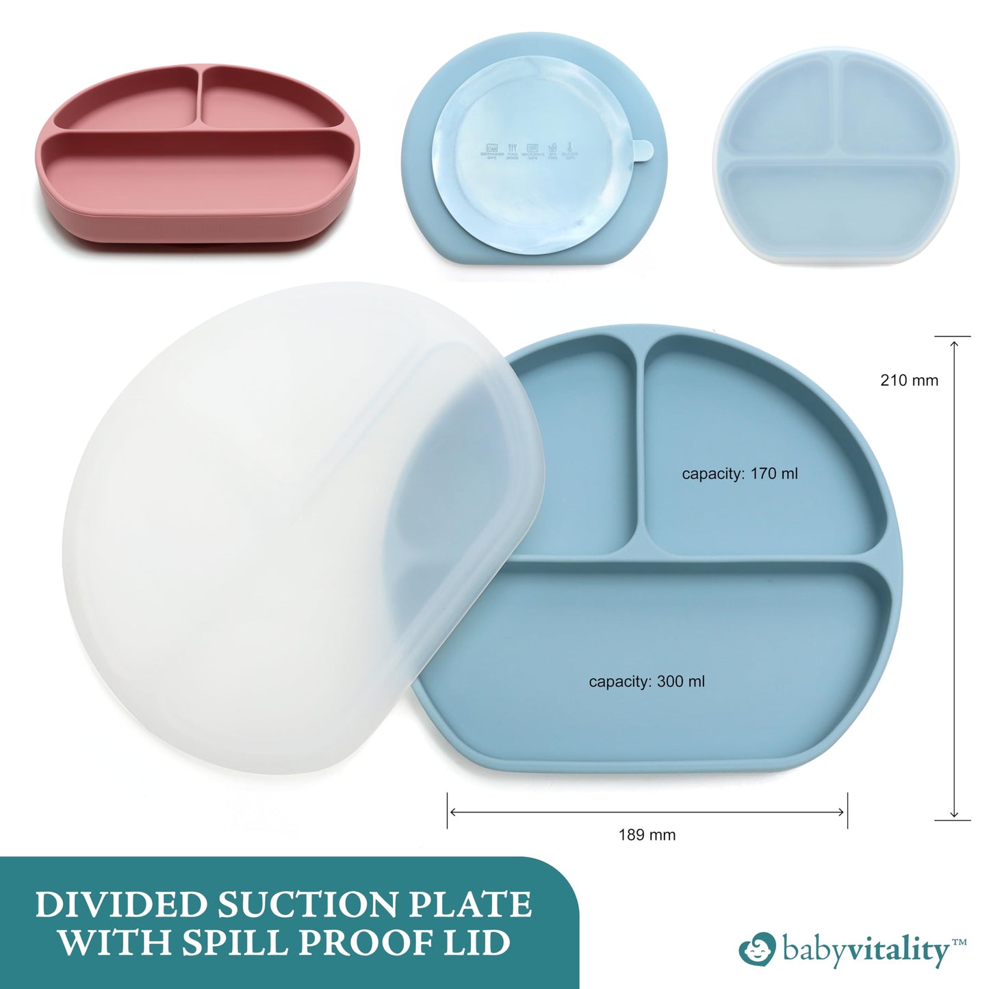 BABYVITALITY Silicone Feeding Set | Suction Plates & Bowls with Lids, Sippy Cup, Utensils | Toddler Eating Essentials - Pink