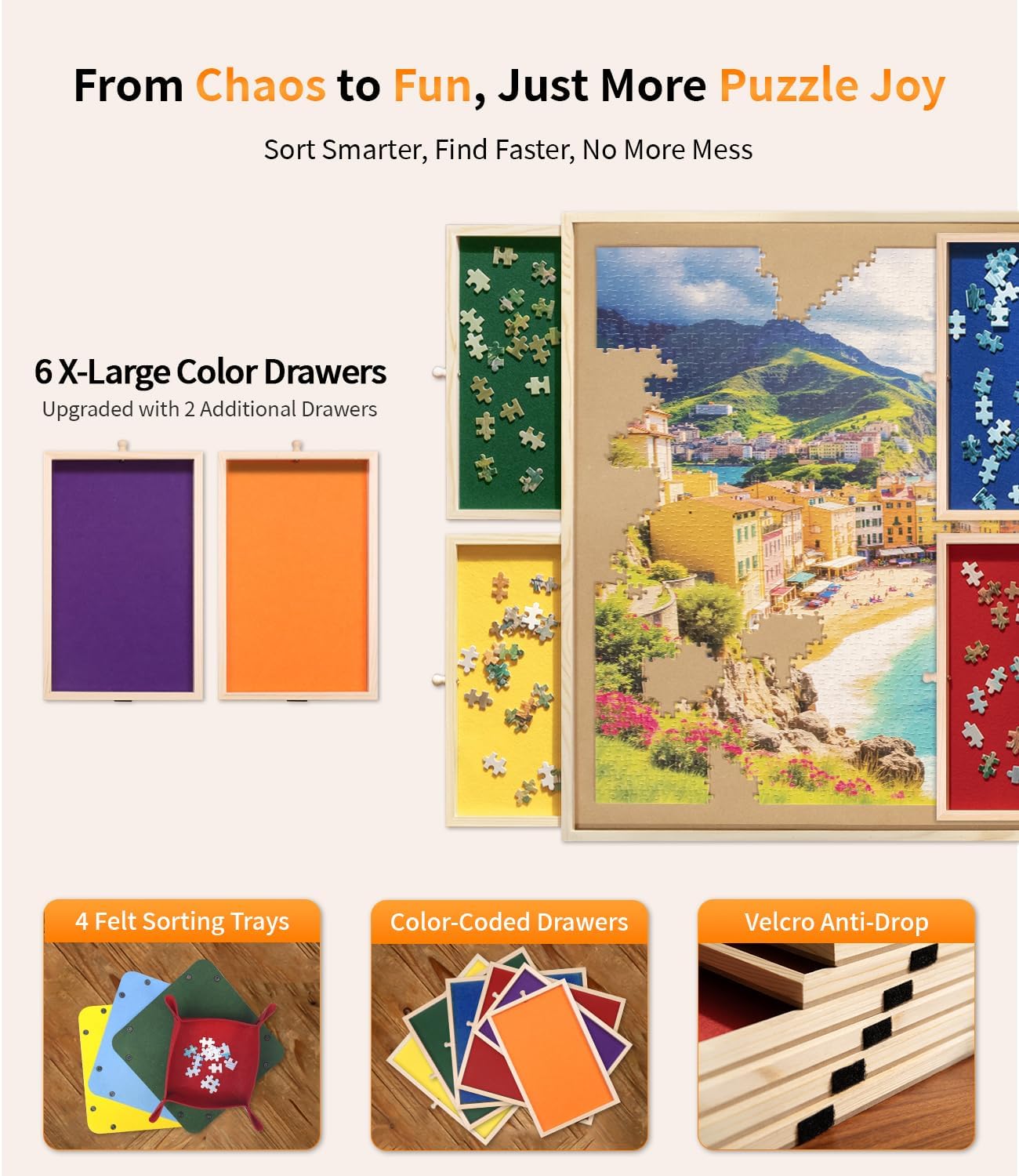 1500 Piece Rotating Puzzle Board Pro, 34" x 25" with 6 Drawers, Rubber Cover Mat, 360° Lasy Susan, Sort-Wise Colorful Felt Drawers & 4 Trays, Wooden Jigsaw Puzzle Table, Birthday Gifts for Mom