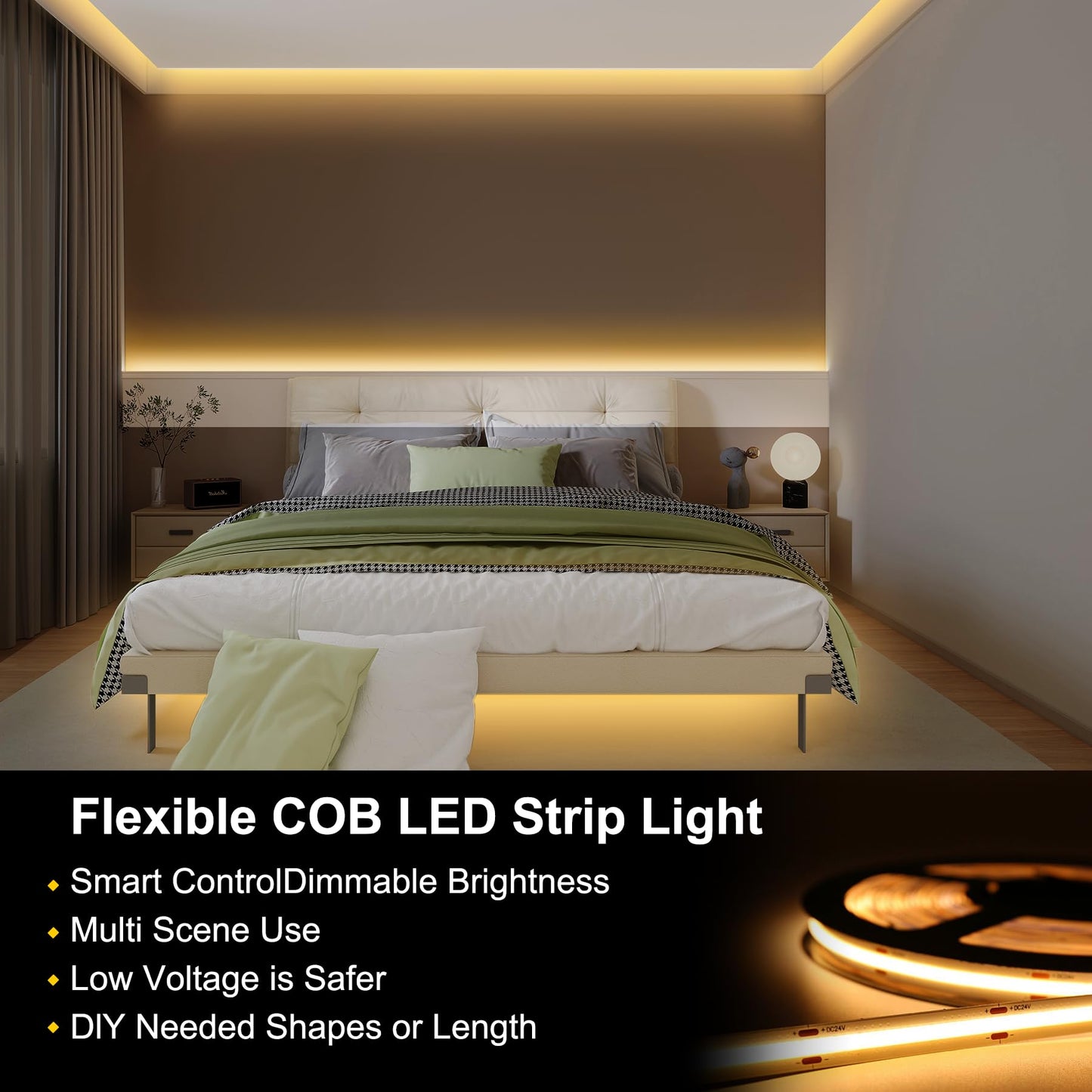 Pandery COB LED Strip Lights, 50FT, 3000K Warm White, Dimmable, Flexible, Model PD-COB-24V, Remote & App Control