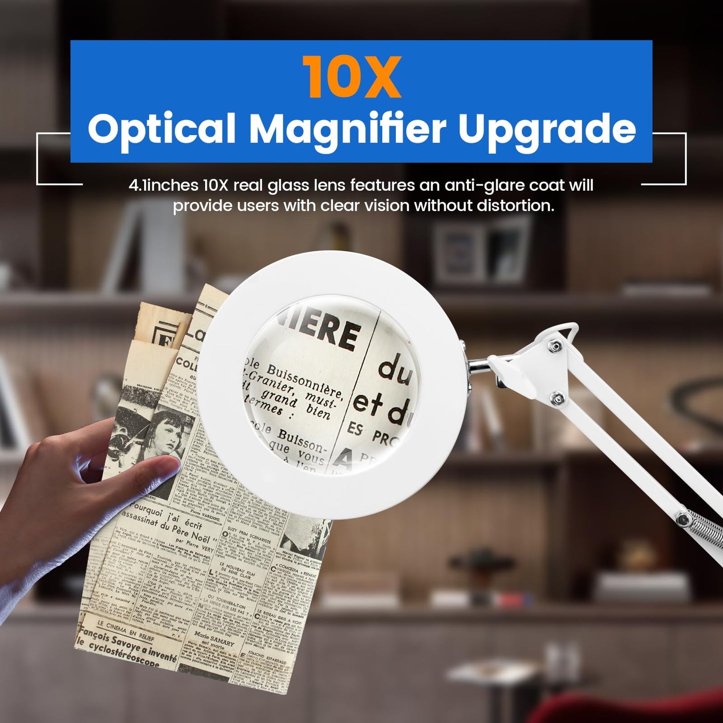 KIRKAS 10X Magnifying Glass with Light, Stepless Dimmable LED Lamp, Clamp, White, Model 10X TJ-WHITE