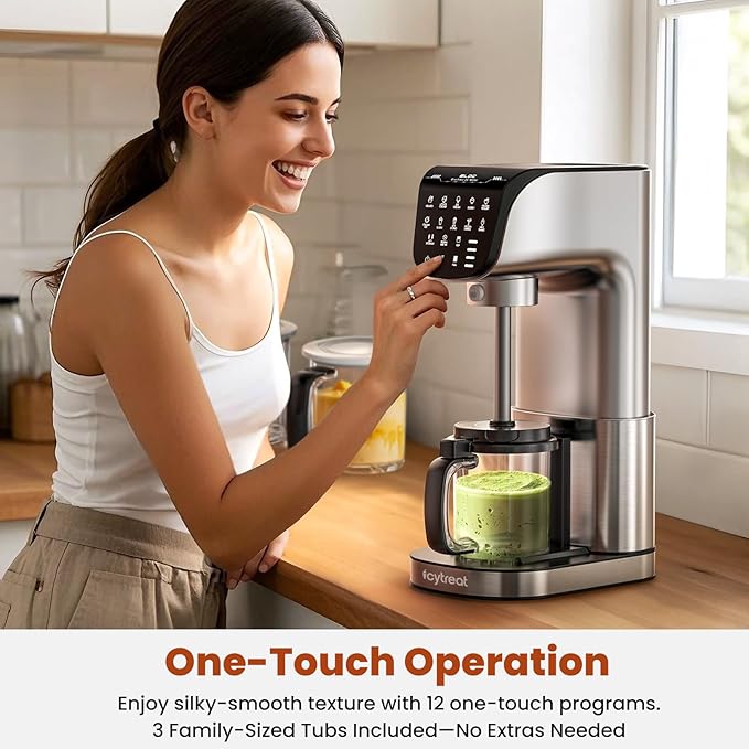 Ice Cream Maker Machine 12-in-1, Full Automatic Stainless Steel Homemade Ice Cream Maker for Sorbet, Milkshake, Frozen Yogurt & More, Easy to Clean Ice Cream Machine, (3) Family-Sized Tritan Tubs