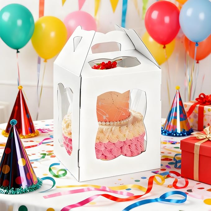 6 Pieces Tall Cake Boxes for Tier Cakes, 10''W x 10''L x 12''H Paper Bakery Carrier with Cake Board Window Handle, Disposable Large Layer Cake Safe Transport Box for Birthday, Wedding, Party