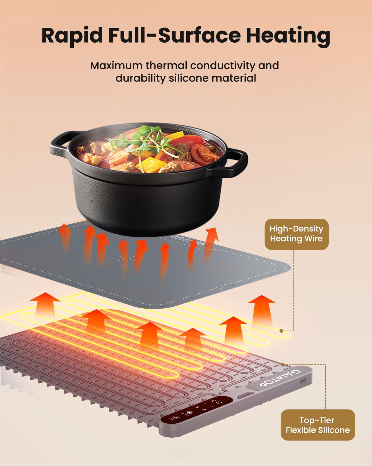 Gaiatop Warming Mat for Food Electric Warming Tray, Fast-Heating Silicone Food Heating Mats for Countertop with 7 Level Temp Adjustable, 8h Timer, Kids Lock, Roll up Heating Tray for Home Travel, Gray