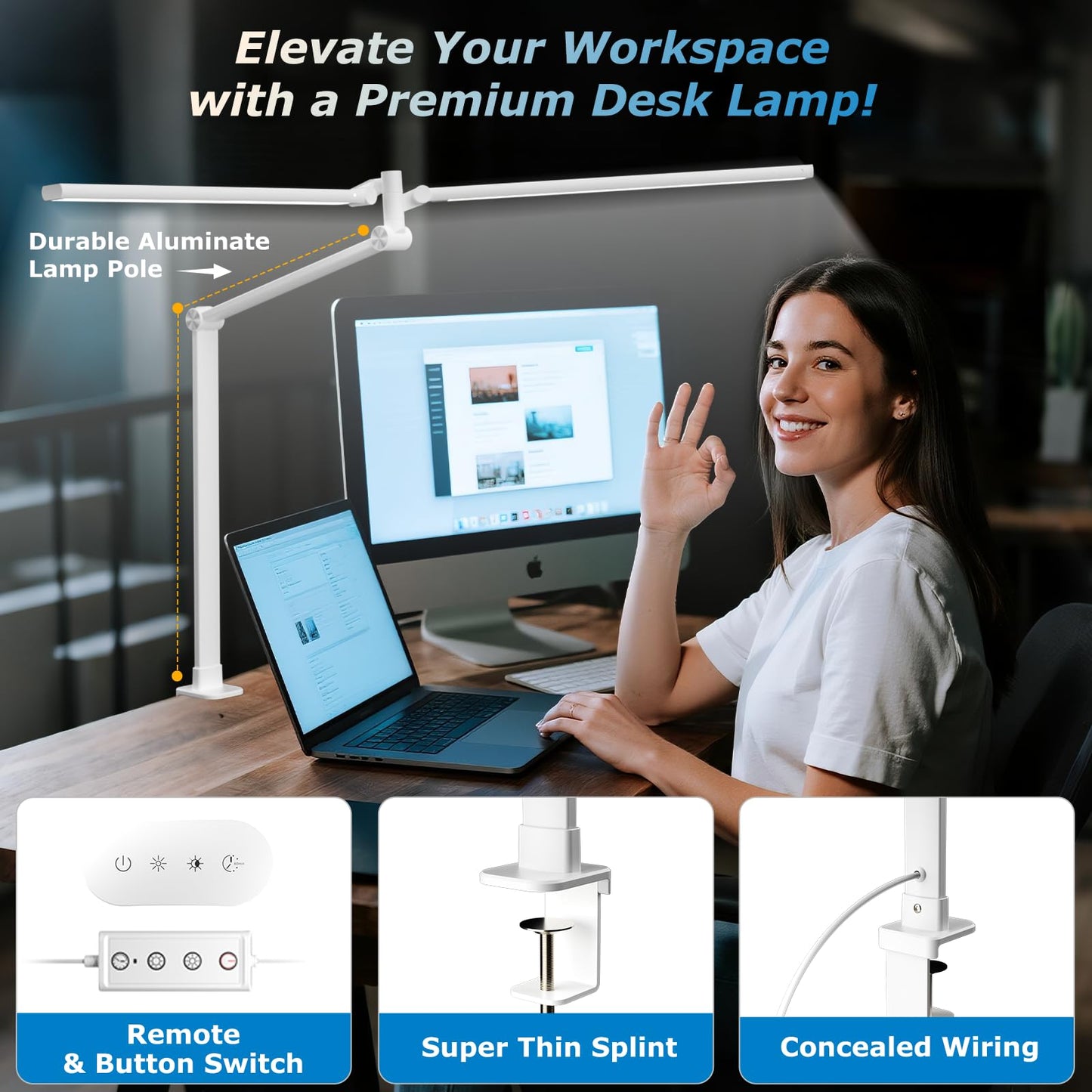 Airlonv Led Desk Lamp  Double Swing Arm Wide Lighting Area Desk Lamps For Home Office With Stepless Dimming  Eye-Caring Architect Desk Light With Clamp For Reading  Study  Workbench  Drafting(White)