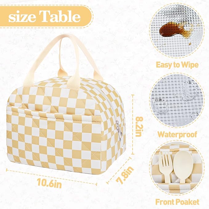 Cotton Quilted Insulated Lunch Bag, Cute Quilted Floral Lunch Tote Bags Reusable Insulated Lunch Box Coquette Aesthetic Large Capacity Insulated Cooler for Women Work Travel Picnic (Checkered Brown)