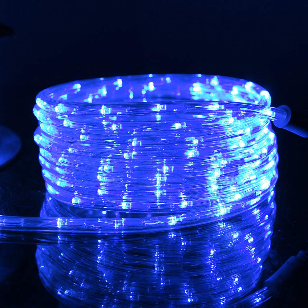 DINGFU 50ft 360 LED Waterproof Rope Lights, Blue, PVC Tube & Copper Wire, Model MHH077, Indoor/Outdoor Use