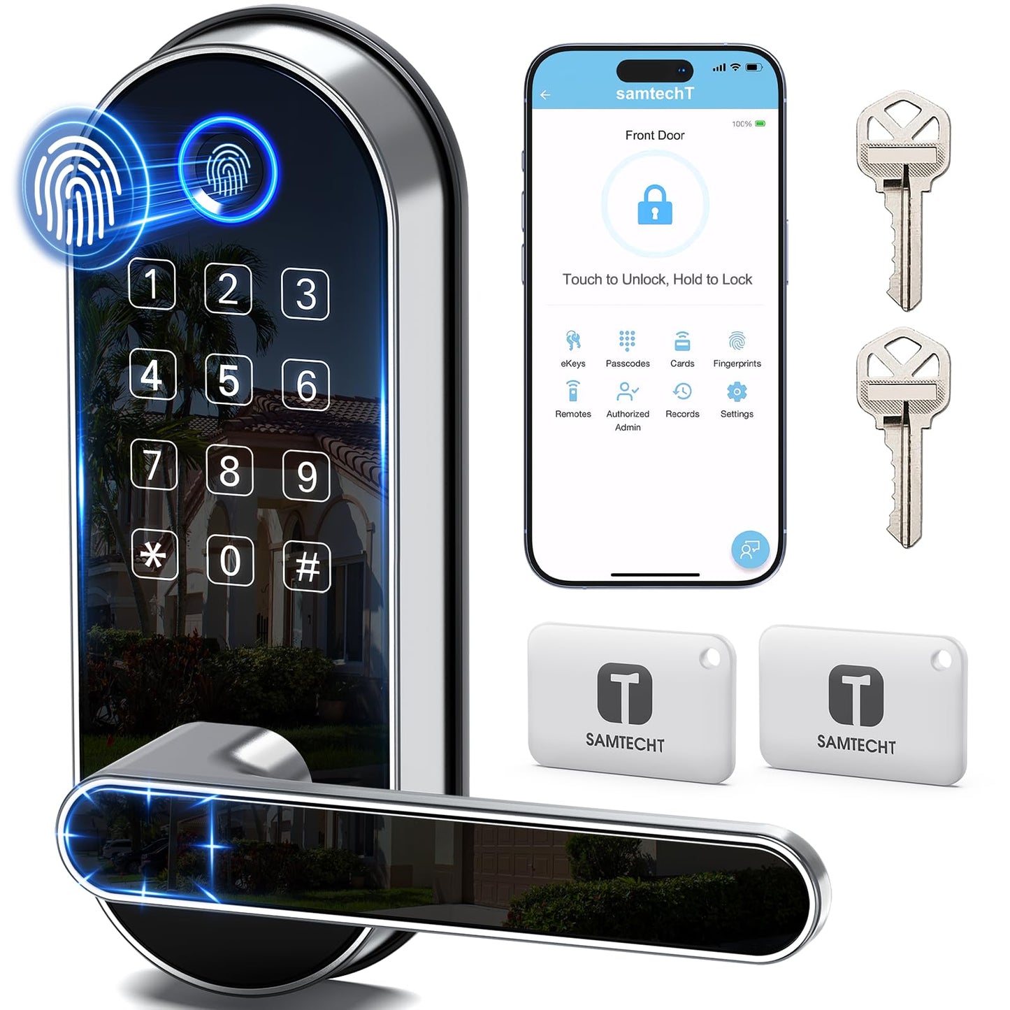 Keyless Entry Fingerprint Smart Lock with Handle & Keypad: Electronic/Electric Digital Lock with Code/Passcode, Biometric Deadbolt Door Knob for Front Door, Bedroom, Interior or Exterior Use (Silver)