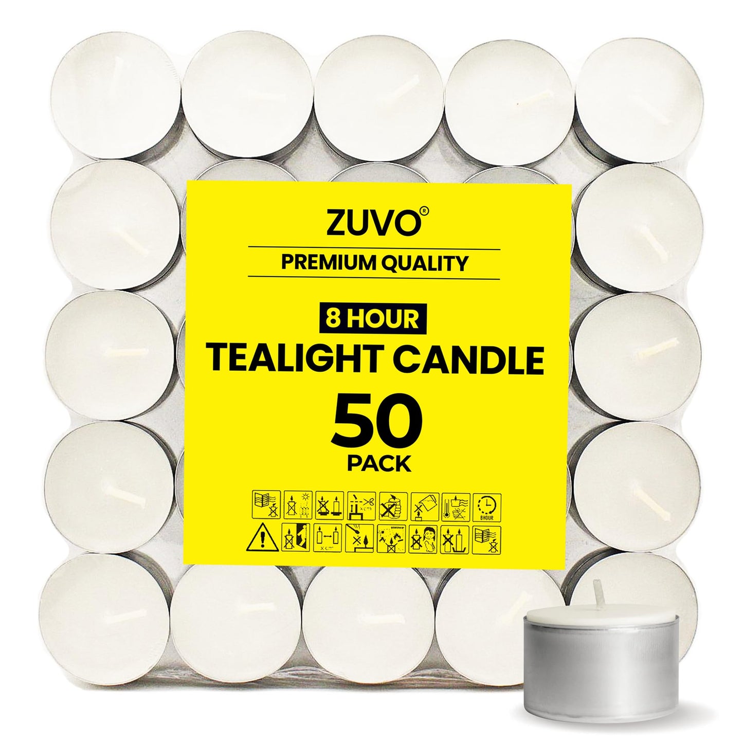 Zuvo 8 Hour Tea Light Candles - 50 Pack, Smokeless & Unscented, White, Wax, 3.8 x 2.3 CM, Model 90126C