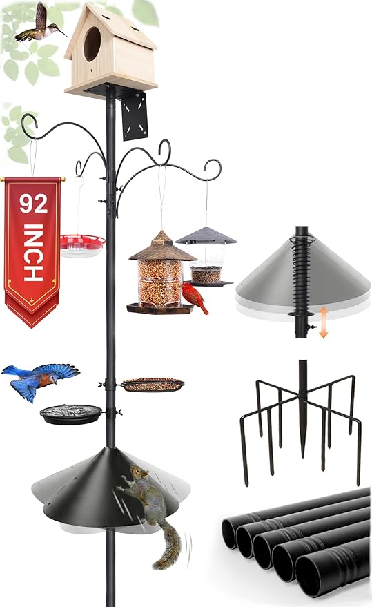 eWonLife 92 Inch Squirrel Proof Bird Feeder Pole with 9 Prongs Base, 1 Inch Dia Smart Bird Feeder Pole for Outdoors Heavy ...