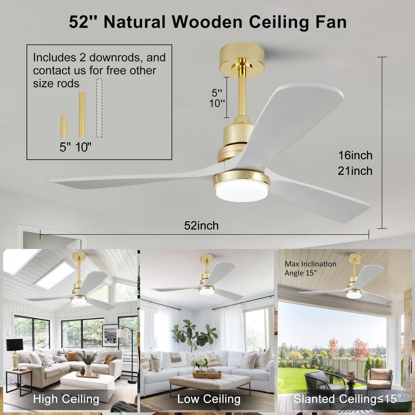 BOJUE Ceiling Fan with Lights, 52 inch, Gold Finish, White Solid Wood cutting edges, Model BJ52WH-1620G, Ideal for Indoor/Outdoor Use