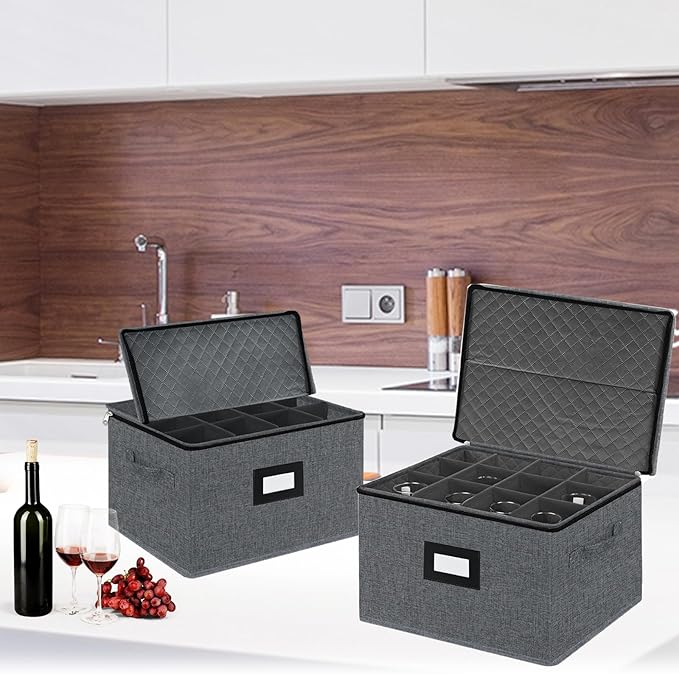 VERONLY 2 Pack Stemware and Glassware Storage Cases - Hard Shell Protection with Dividers for 24 Glasses, Stackable Moving Storage Container with Label & Handles - Crystal Glass - Dark Gray