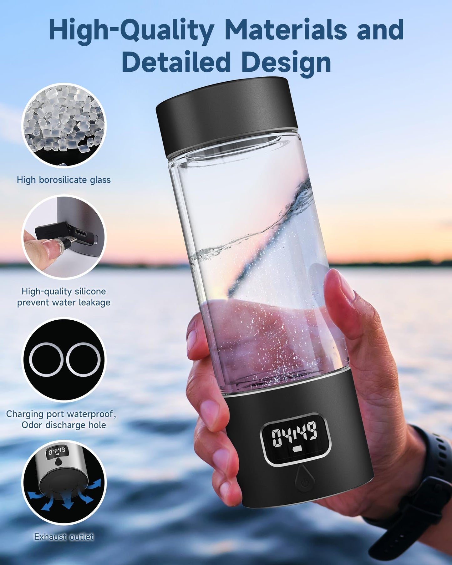 Hydrogen Water Bottle - Portable, Rechargeable, LED Timer, Aluminum and Glass, 5000 PPB Hydrogen in 10 Minutes, 340ml Capacity, for Travel, Sports, Home, Office(Black)