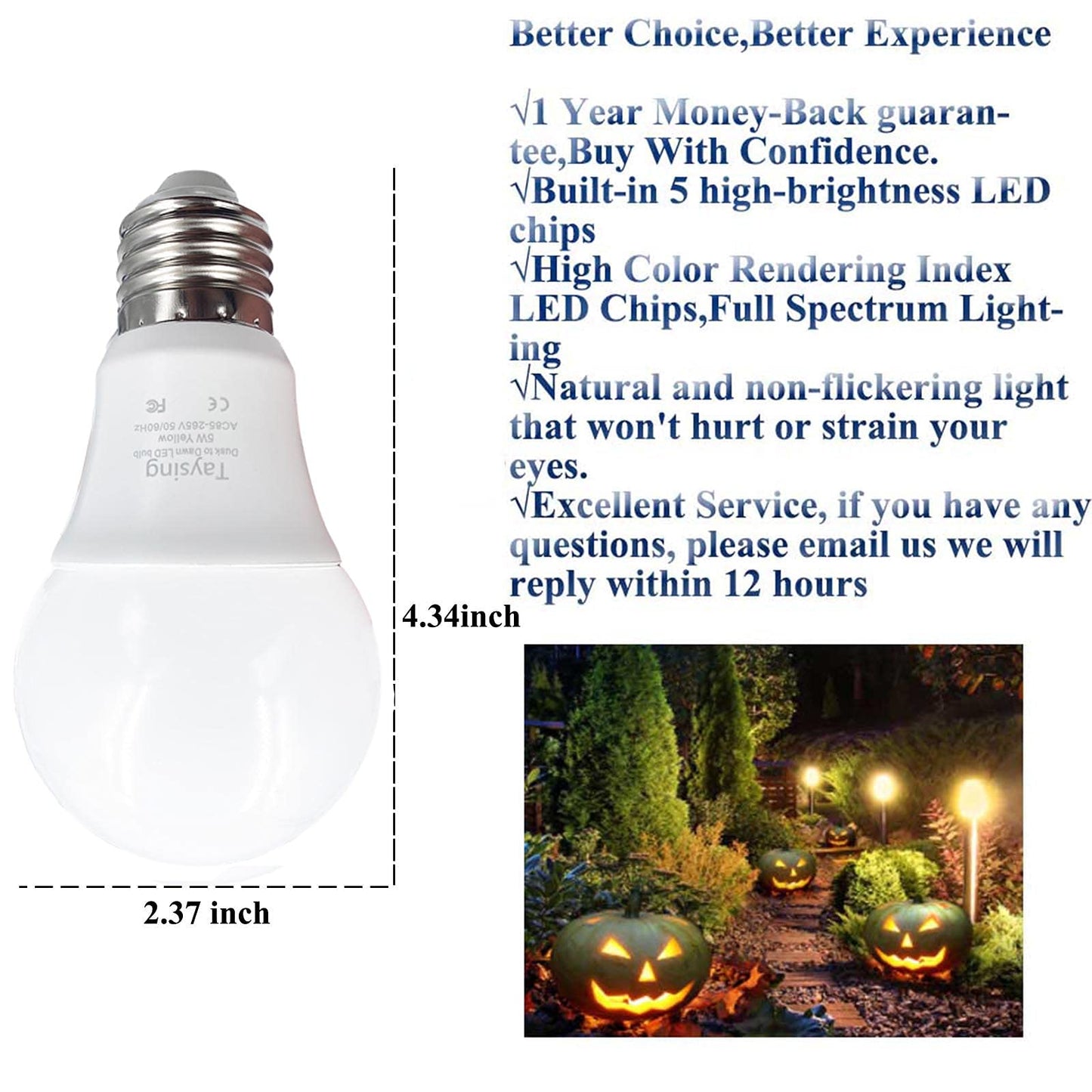 Taysing Smart LED Light Bulbs with Light Sensor, 5W, 500lm, Amber Yellow, 40W Equivalent, 2 Pack