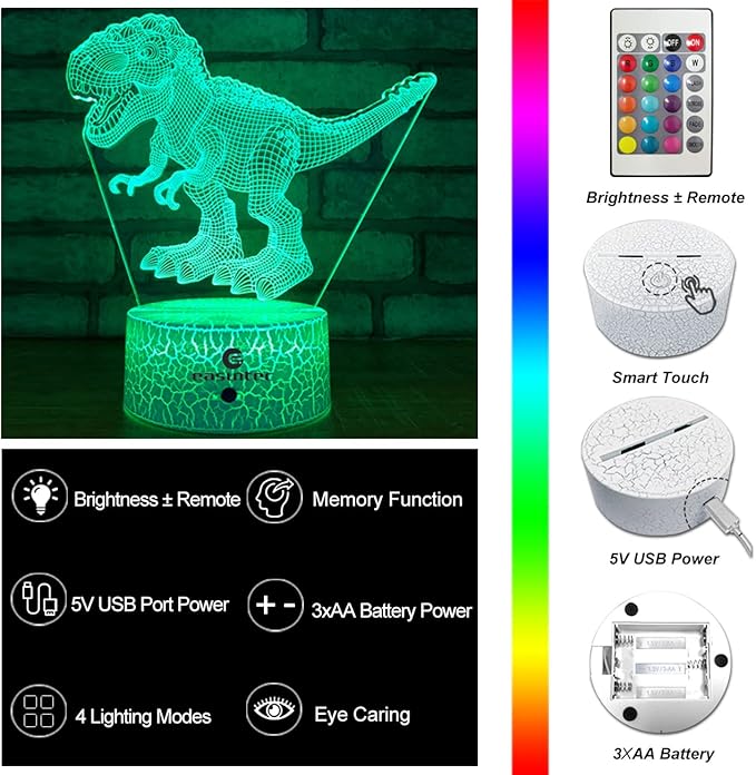 easuntec Dinosaur Toys 3D Night Light with Remote & Smart Touch 7 Colors + 16 Colors Changing Dimmable TRex Toys 1 2 3 4 5 6 7 8 Year Old Boy or Girl Gifts (TRex 16WT)