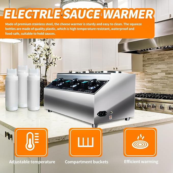 Generic YOOKTEN Electric Cheese Sauce Warmer Dispenser,0.68x3 Qt Commercial Cheese Dispenser Bottle Warmer Hot Chocolate Warmer and Dispenser 86-185℉Nacho Cheese Warmer with Bottles, Silver
