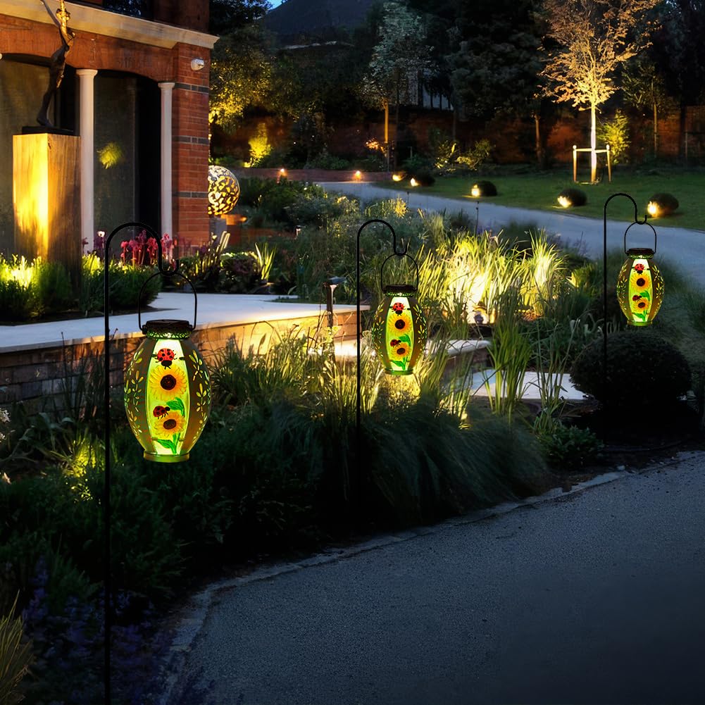 VEWOSTAR Solar Lanterns Outdoor Waterproof Sunflower Design, Small Size, Glass & Metal for Tabletop Patio Porch Decor