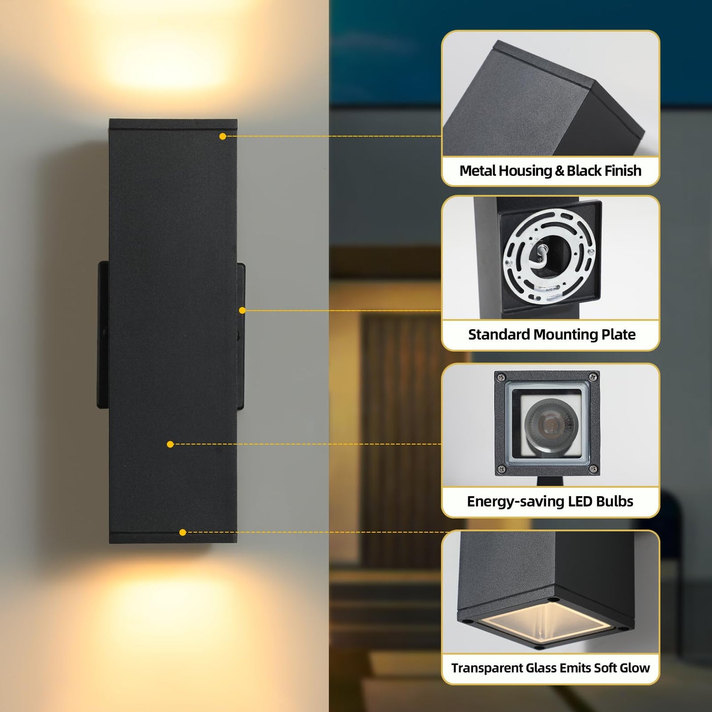 Tewei Led Square Up And Down Lights Outdoor Wall Lights  Matte Black Exterior Lighting Fixtures With 7W Led Bulbs  Modern Outdoor Sconce Lights For House  Garage  Porch  Doorway  2 Pack