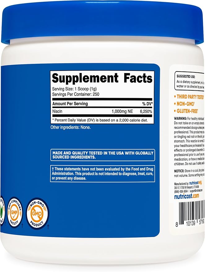 Nutricost Niacin Vitamin B3 Powder 250 Grams - 1G Per Serving - Vitamin B3 (Niacin) Powder - May Cause Flush