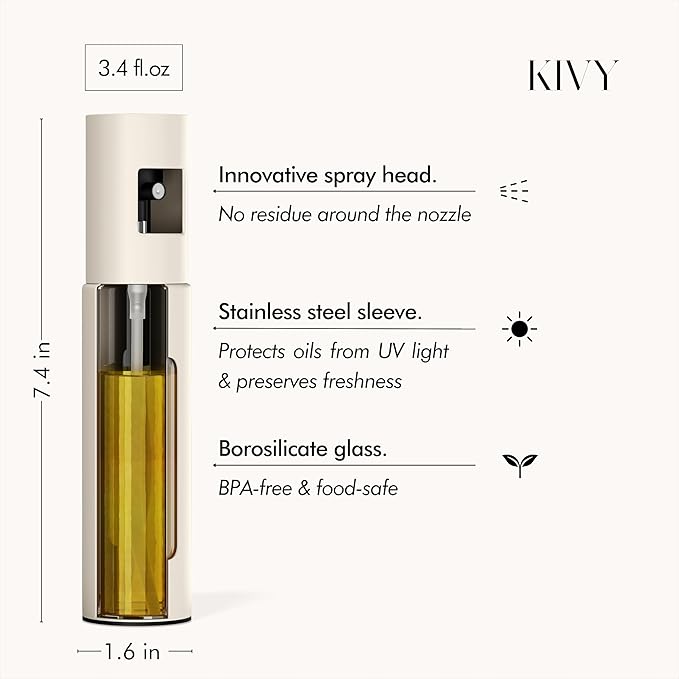 KIVY Glass Oil Sprayer for Cooking, Salads, BBQs & Airfryer – Innovative Spray with Portion Control - Oil Spray Bottle with Stainless Steel Body - Olive Oil Sprayer - Cooking Oil Mister – Cream