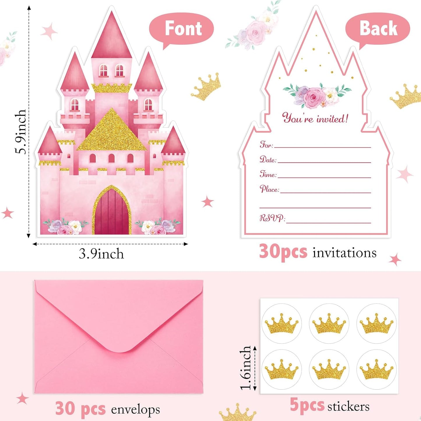 30 Sets Birthday Invitations with Envelopes Stickers Themed Invitations for Girl Boy Birthday Party Supplies Decoration (Pink Castles)