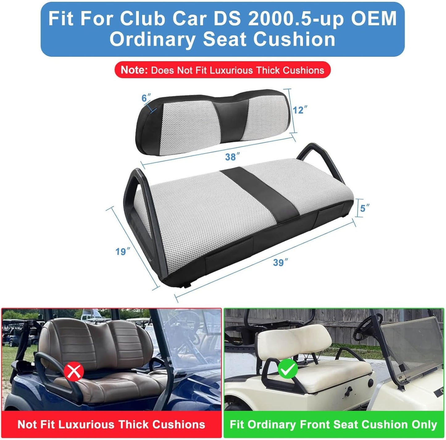 MOSNAI Club Car DS 2000.5-Up Seat Covers, Golf Cart Seat Covers for Club Car DS OEM Ordinary Seat, Breathable Polyester Mesh Cloth and Leather Combination Appearance, No Need Detaching Armrests