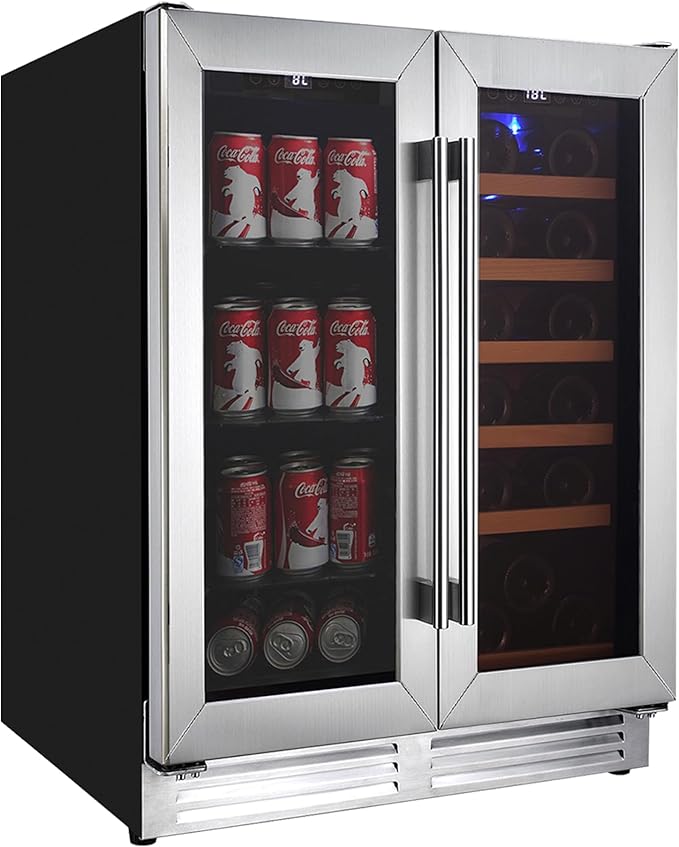 Koolatron Wine Fridge - Under Counter Wine Cooler, 18 Bottle & 56 Beverage Can Chiller, Built in Cabinet for Champagne, White & Redwines, Bar, Dual Zone Cellar, Stainless Steel Made In Canada