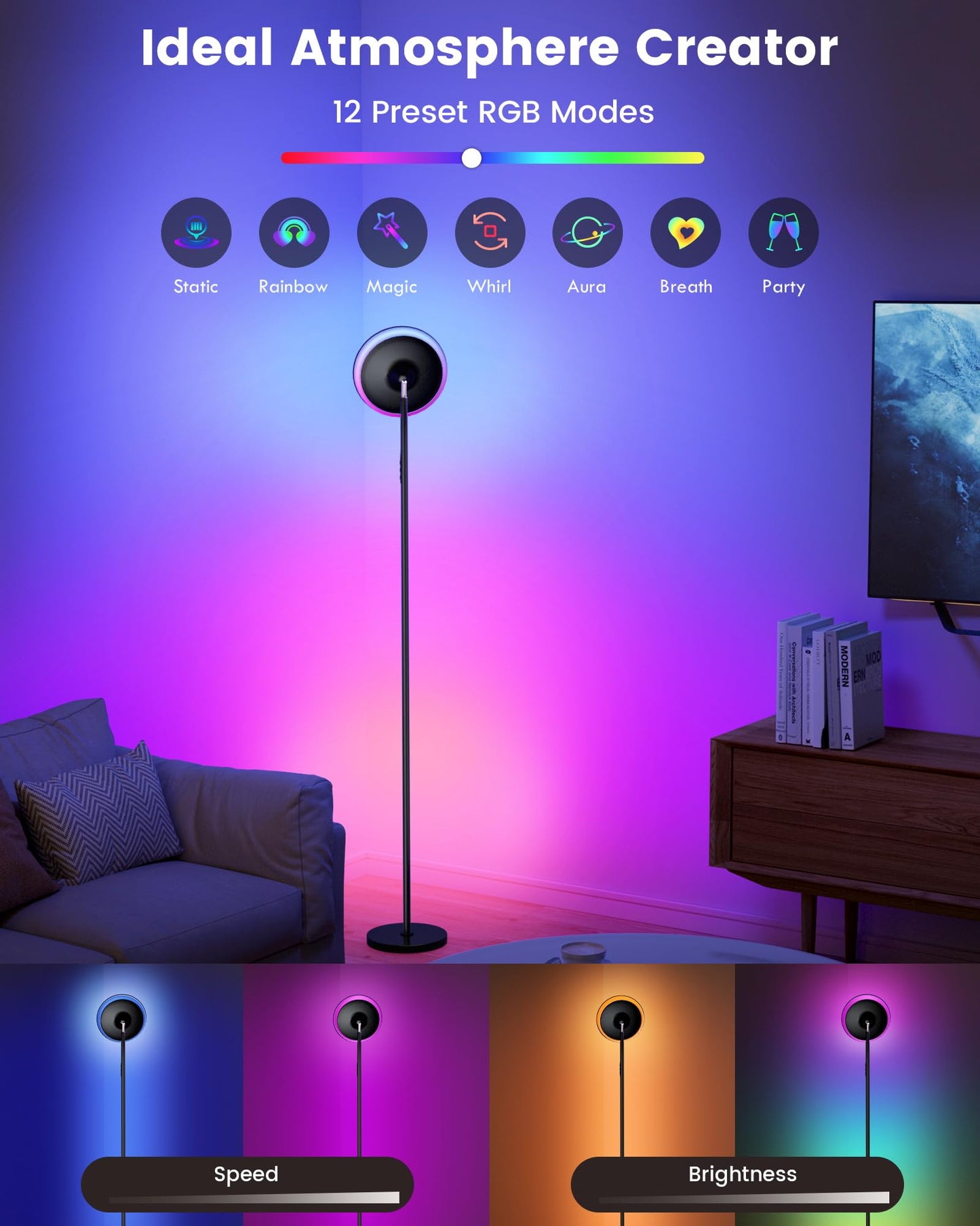 WOWLUMEN Floor Lamp, Modern Torchiere Sky LED, 42W 3700LM, Dimmable, Remote, 5 Color Temperatures, Black, Model FLG-042
