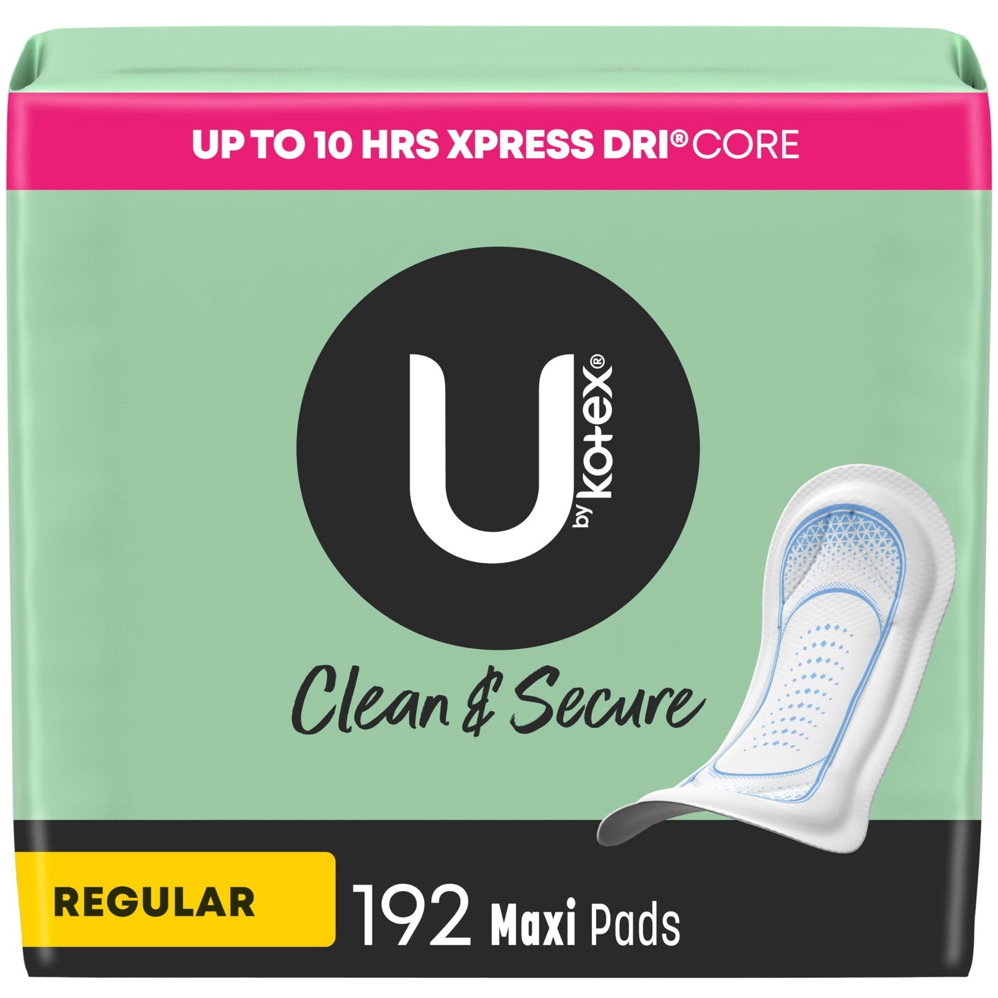 U by Kotex Clean & Secure Maxi Pads, Regular Absorbency, 192 Count (4 Packs of 48) (Packaging May Vary)
