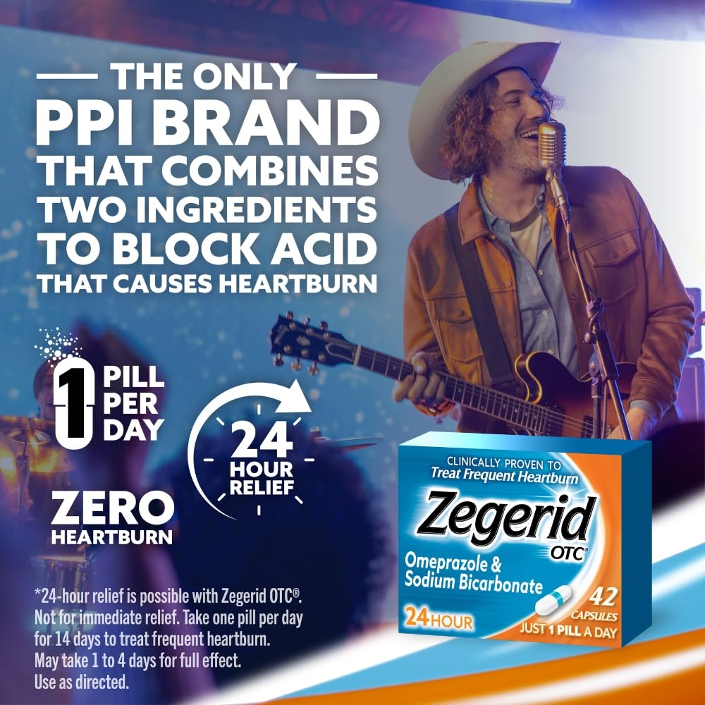 Zegerid OTC, 24-Hour Heartburn Relief, Acid Reflux Medicine and Antacid, Treats Frequent Heartburn, Omeprazole 20mg + Sodium Bicarbonate, Proton Pump Inhibitor (PPI), Two 42ct Cartons