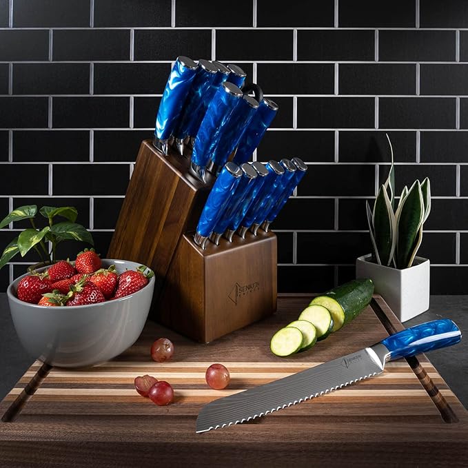 SENKEN 16-Piece Kitchen Knife Block Set - Japanese Chef's Knife Set with Laser Damascus Pattern, Includes 6 Steak Knives and Smoothly Finished Acacia Hardwood Knife Block (Blue Resin Handles)