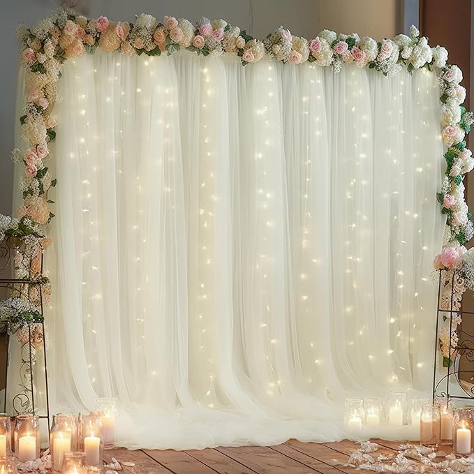 10x10ft Ivory Tulle Backdrop Curtain with Lights String for Parites, Sheer Backdrop Curtains for Wedding Baby Shower Birth...