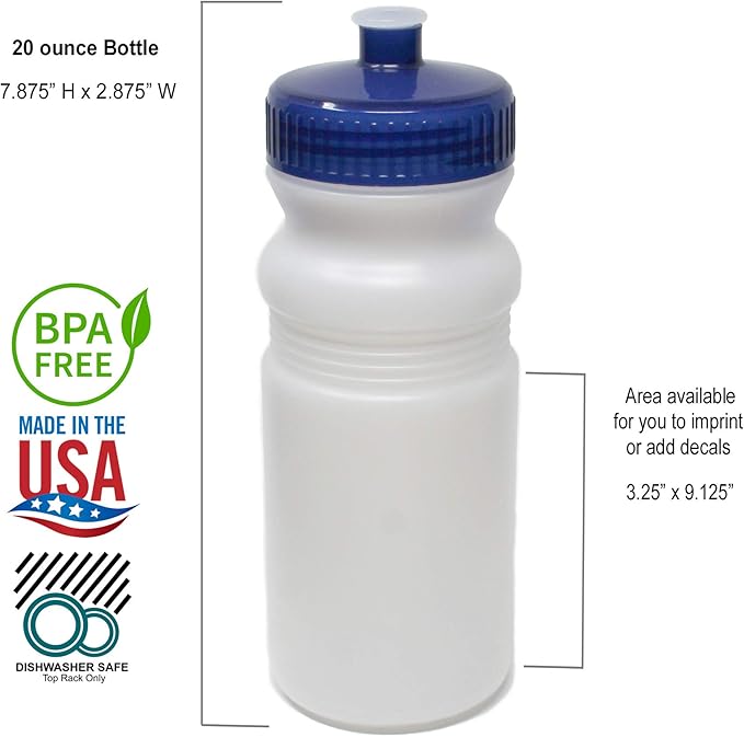 Rolling Sands 20 Ounce Sports Water Bottles 24 Pack, BPA-Free, Made in USA, Dishwasher Safe, Clear Frost Bottles/Navy Lids