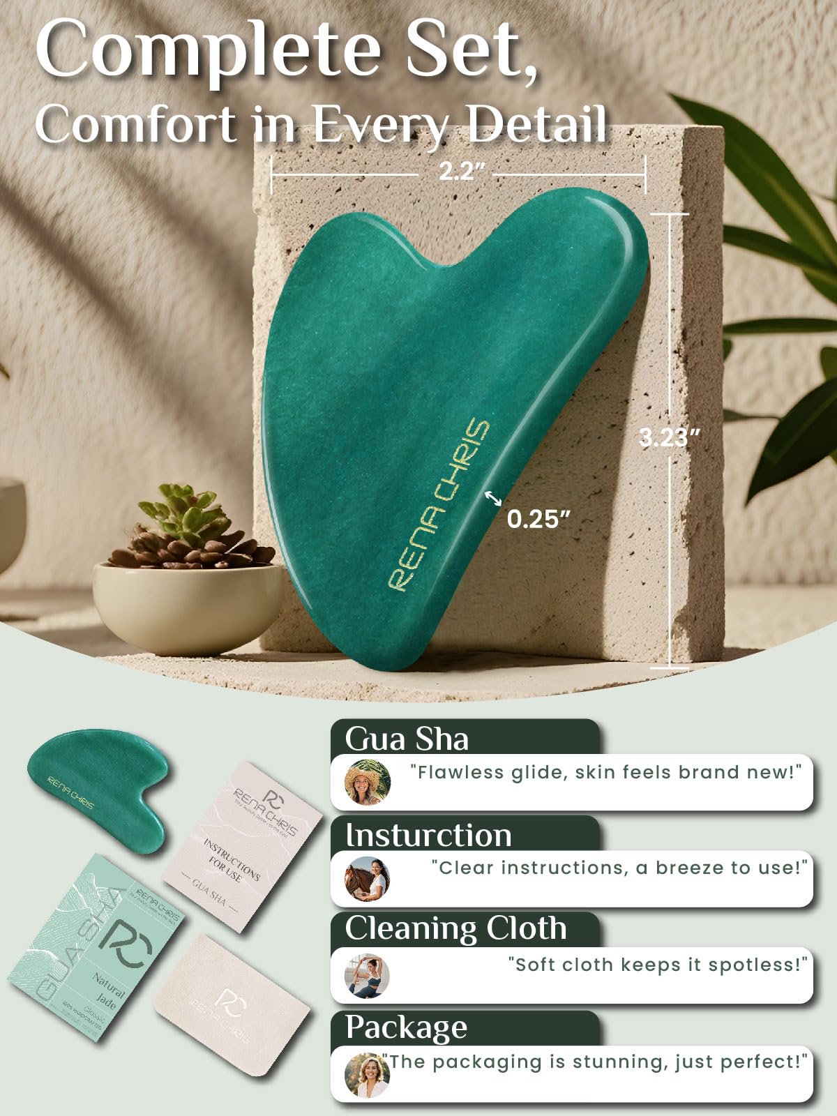 Rena Chris Gua Sha Facial Tools: Natural Jade Stone Guasha Tool for Face Acupuncture Therapy, Facial Massager for Jawline Sculpt