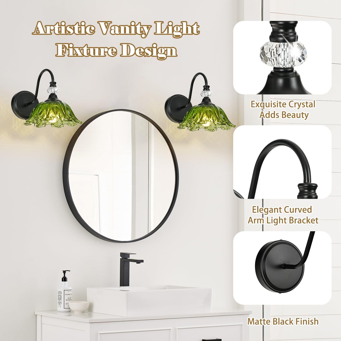 Sunkryster 1 Piece Black Wall Sconce With Floral Green Glass Shade  Black Farmhouse Wall Mount Lighting For Bathroom Vintage Bathroom Vanity Light Fixture