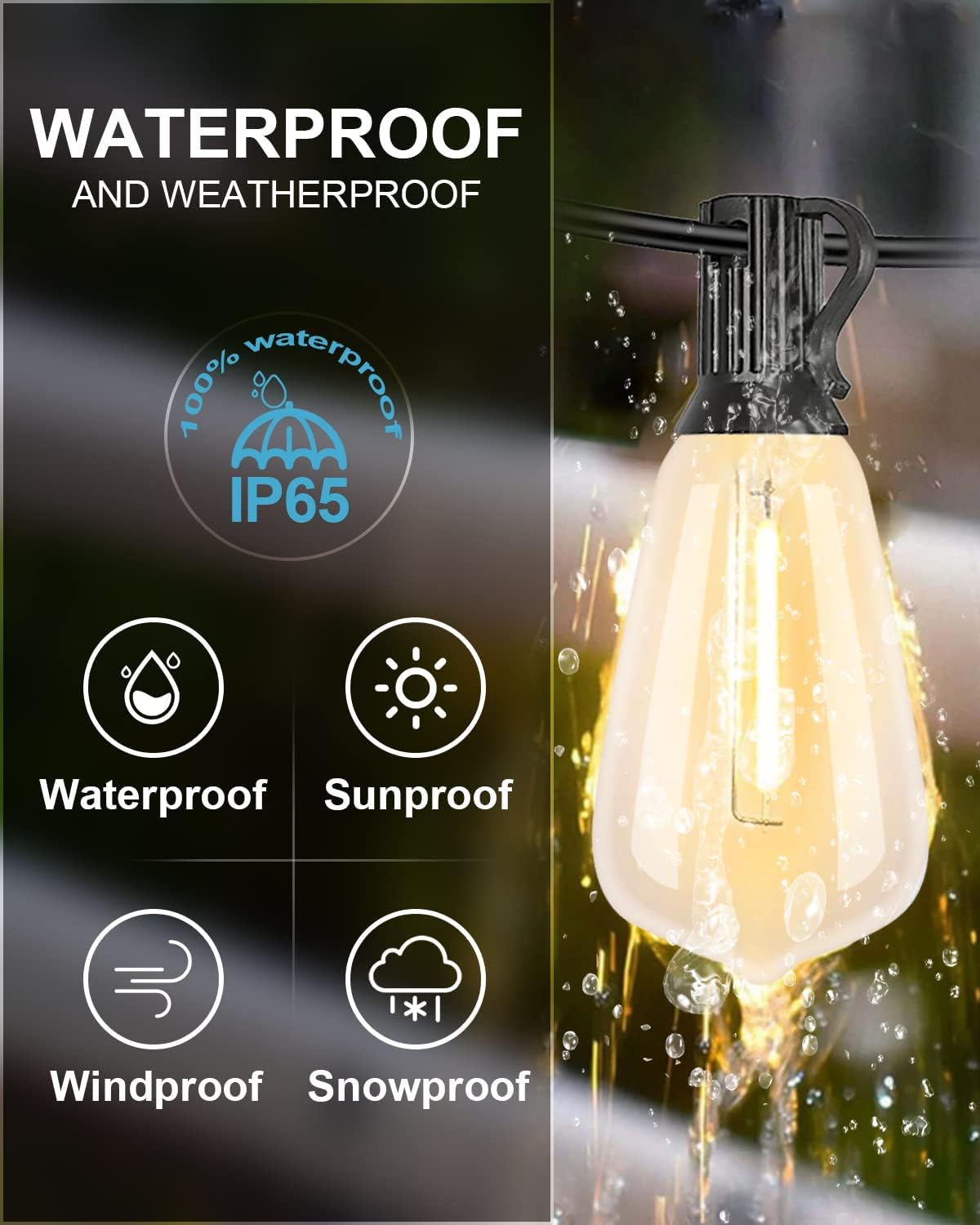 Lightdot LED Bistro String Lights, 400FT, Shatterproof Vintage Bulbs, Dimmable, Waterproof, Black, Model LSTM-G40-H