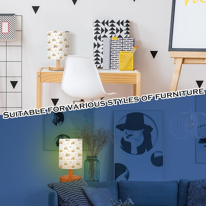 VIHOSE Construction Kids Table Lamp for Bedroom Kids Bedside Lamp with Linen Wooden Nightstand Cartoon Nursery Lampshade for Girls Boys Living Room