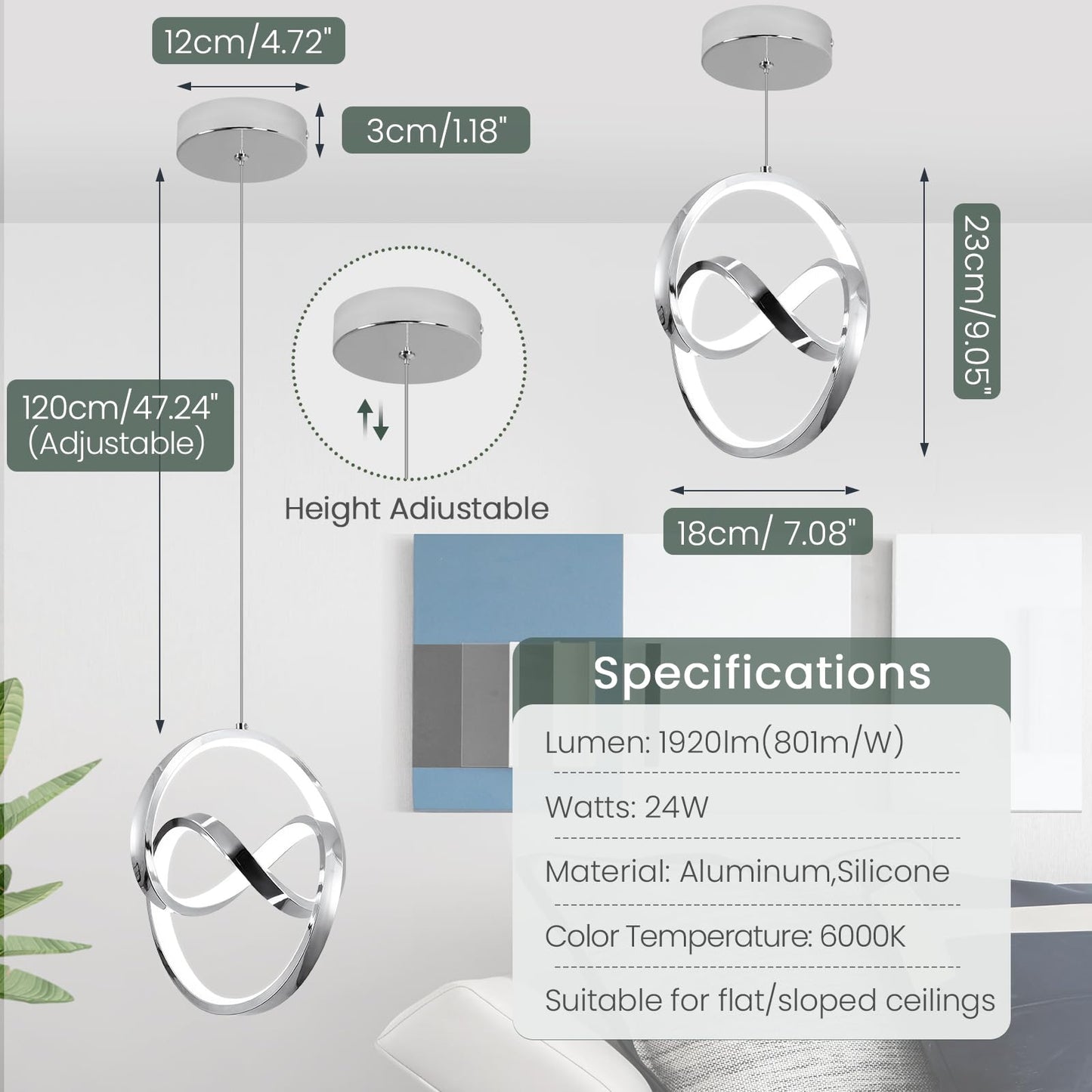 Sovinzert 6000K Modern Pendant Light Fixtures  Led Pendant Lights Kitchen Island Lighting Adjustable Height Chrome Hanging Lights For Dining Room Kitchen Bedroom  1Pack