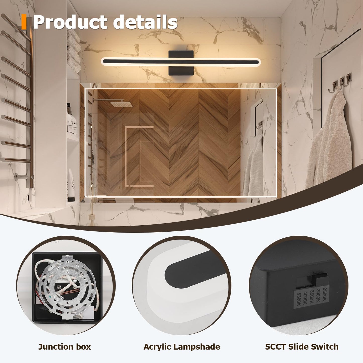 Joosenhouse Modern Black Vanity Lights For Bathroom  5Cct Dimmable Bathroom Led Light Bar  Above Mirror Vanity Lighting  31.5 Inch 24W