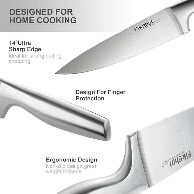 Knife Block Set, Kitchen Knife Sets with Block, FIKSHOT Knives Set - Razor-Sharp Santoku Knives, Fruit and Kitchen Sets - Rust Resistant for Homecooks (Silver + Walnut)